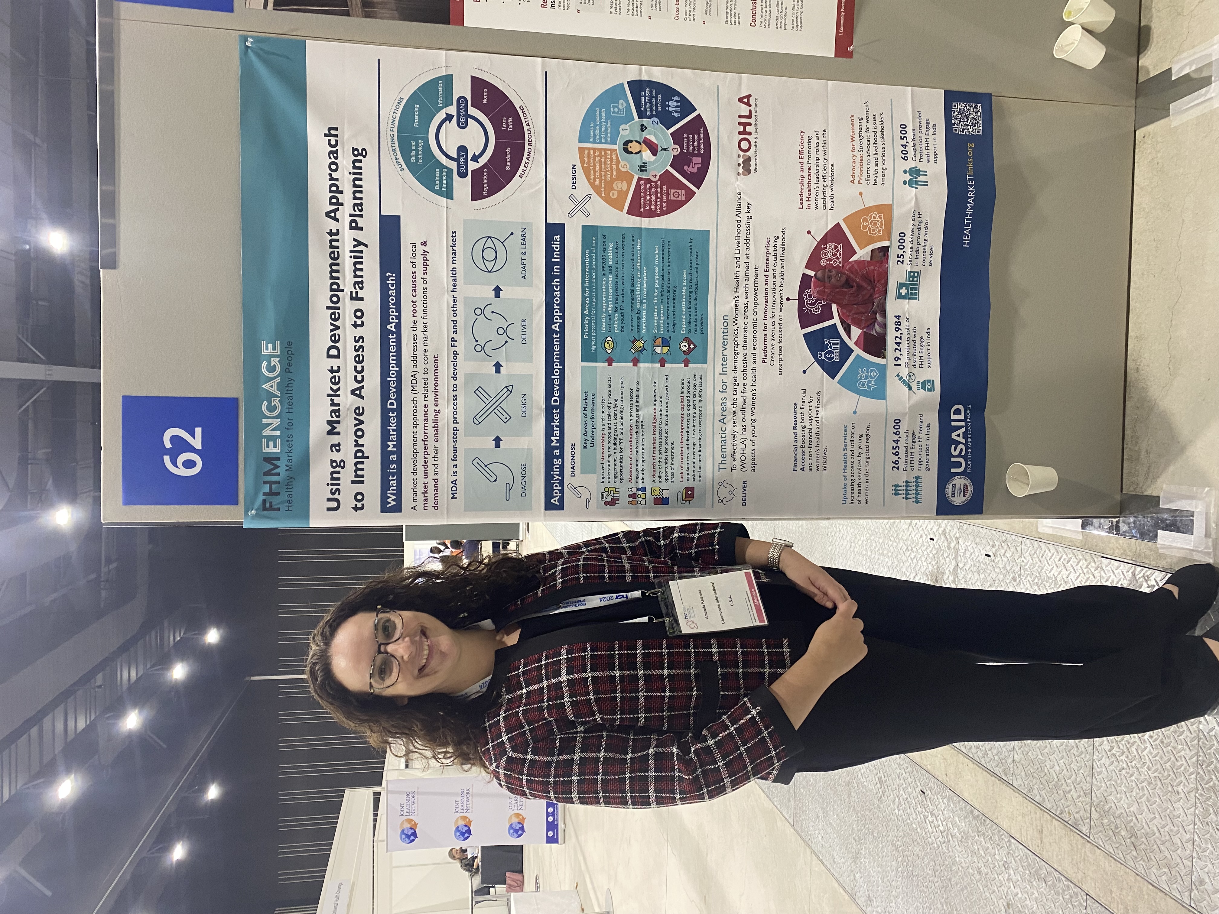 Amanda Kalamar standing next to poster on FHM Engage's MDA approach, presenting at HSR 2024 in Japan